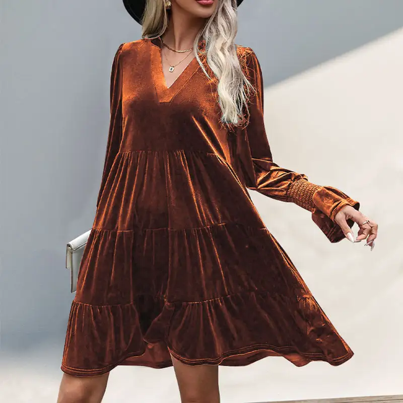 Women's V-Neck Velvet Ruffled Evening Dress