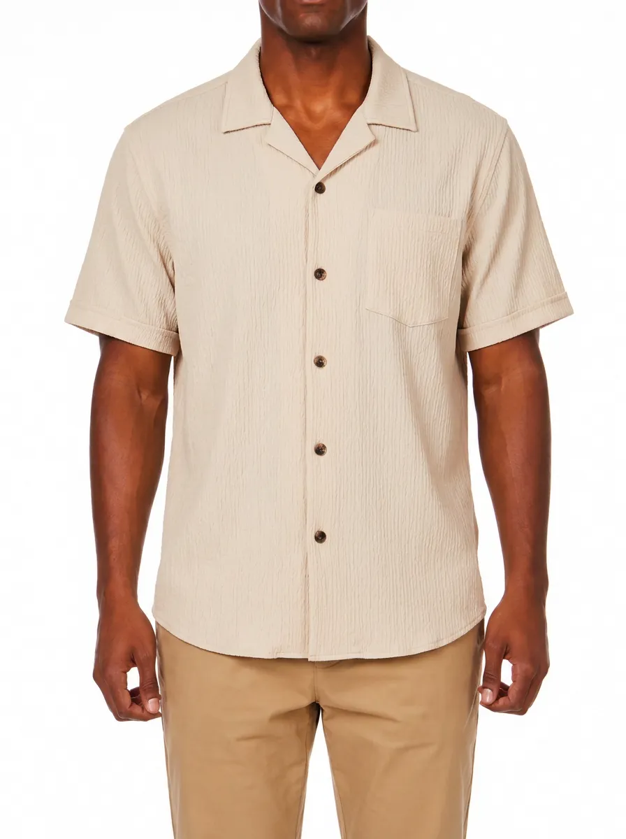 Men's Casual Minimalist Beige Textured Button-Down Shirt