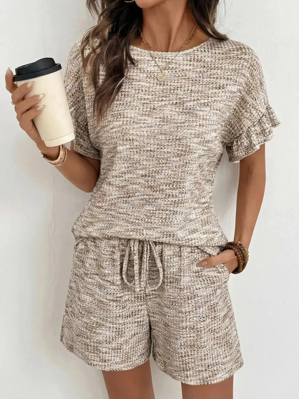 Ruffle Sleeve Textured Top Shorts Set