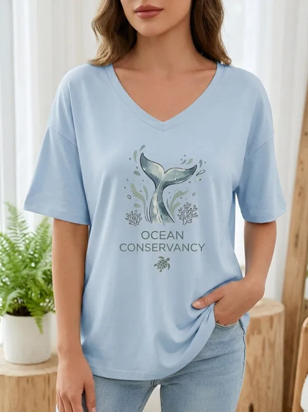Women's Ocean Lover Whale Tail Turtle Printed T-shirt