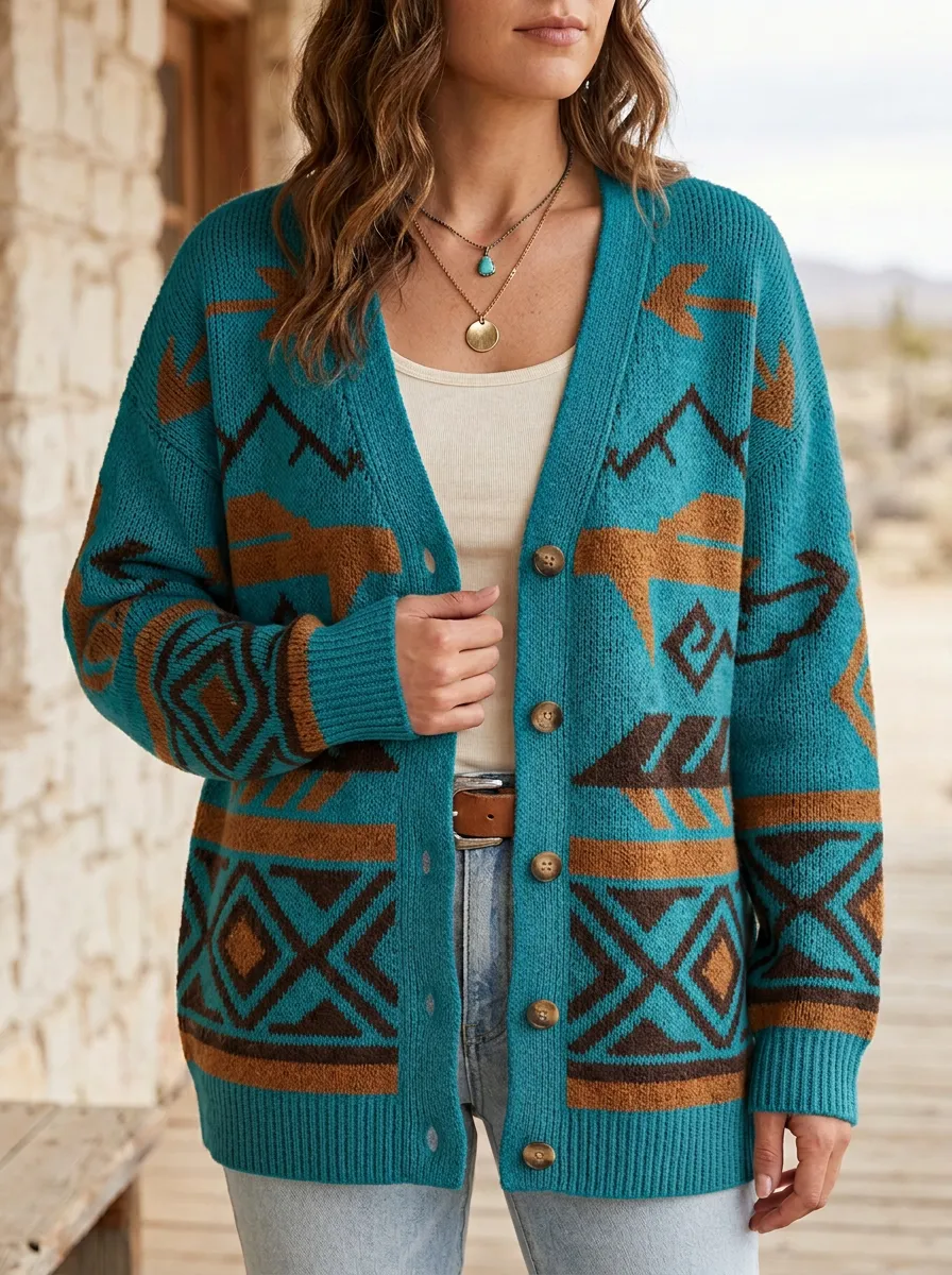 Women's Western Boho Geometric Pattern Printed Cardigan Sweater