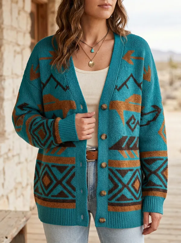 Women's Western Boho Geometric Pattern Printed Cardigan Sweater
