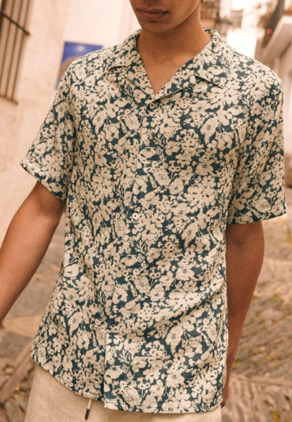 Light Orange Floral Print Short Sleeve Cotton Shirt