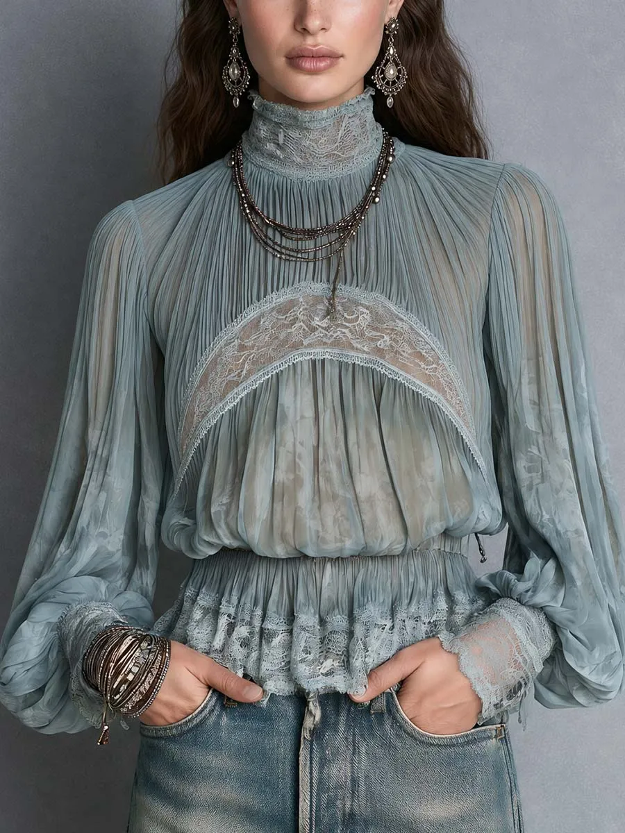 Bohemian Sheer Pleated Lace Trim High Neck Blouse With Balloon Sleeves