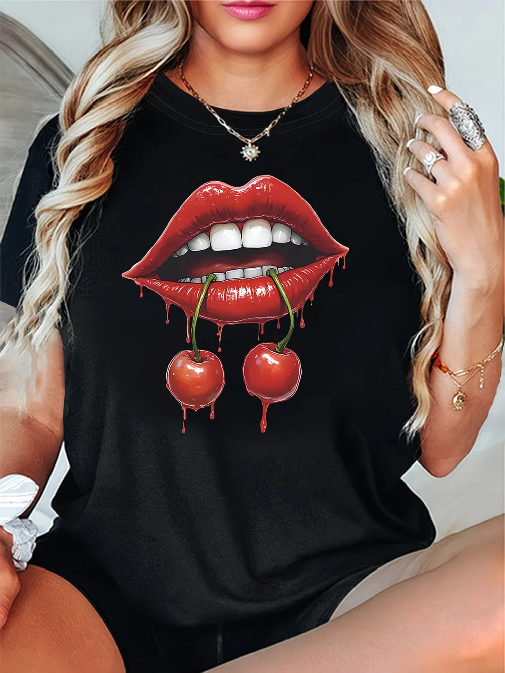 Lips with Cherries Design T-Shirt
