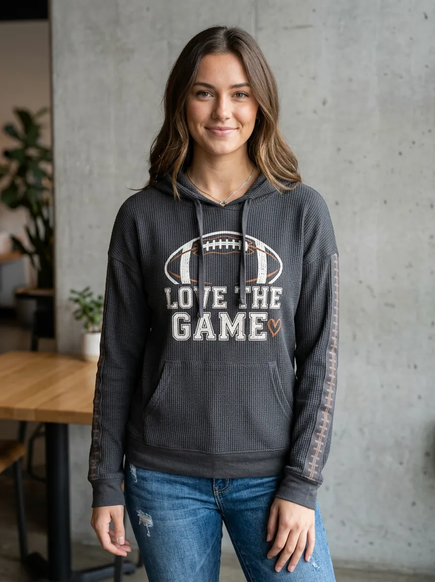 Women's Football Love The Game Heart Printed Waffle Hoodie