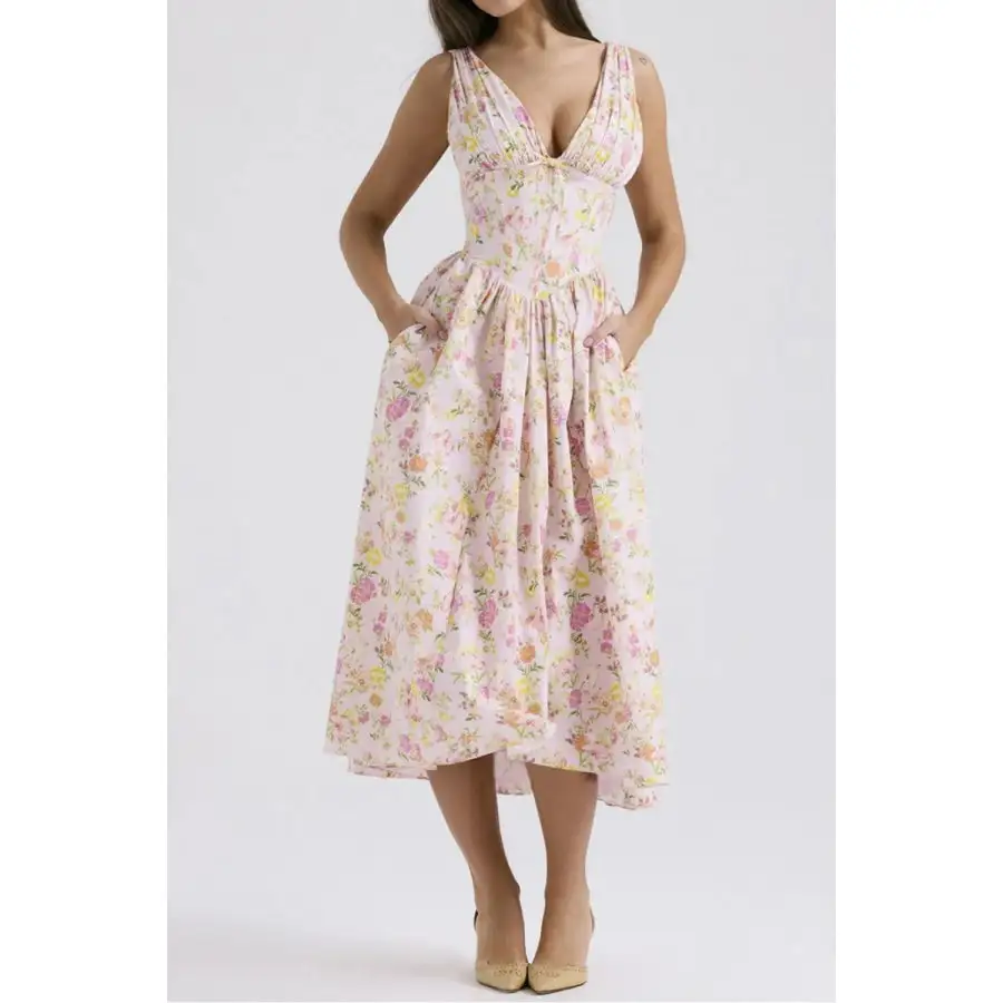 V-Neck Sleeveless Midi Dress with Pockets