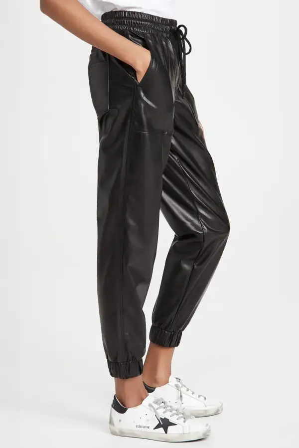 Drawstring PU Leather Pants With Pocket