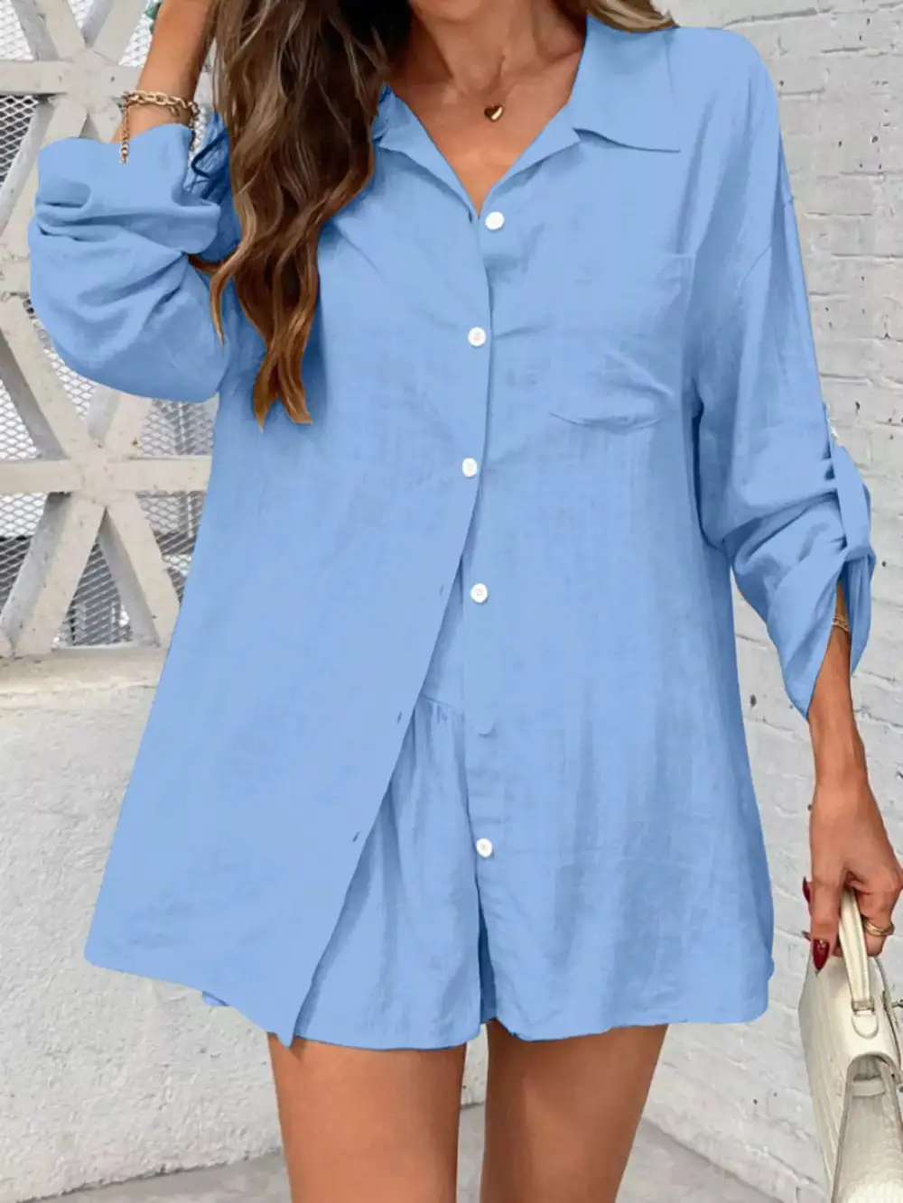 Button Up Roll Up Sleeve Shirt Shorts Set
