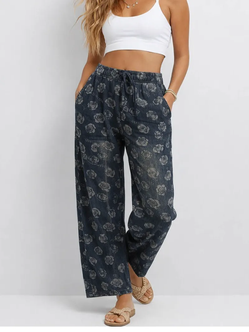 Elastic Waist Barrel Leg Denim Pants