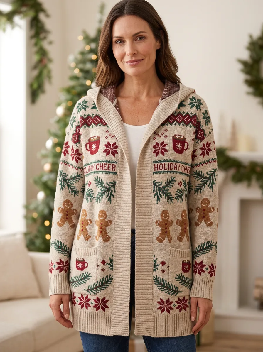 Christmas Holiday Cheer Gingerbread Print Hooded Cardigan
