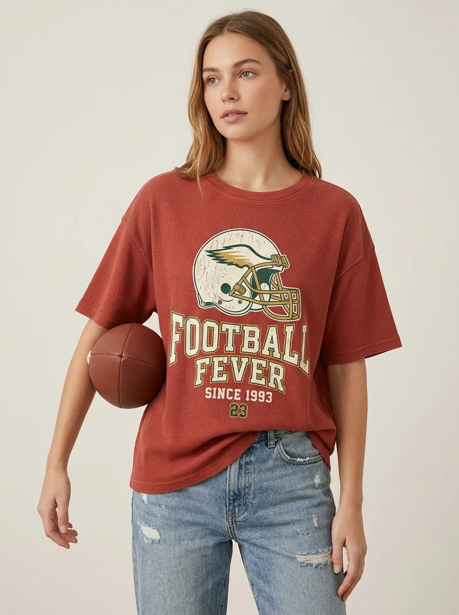 Women's Football Fever Helmet Graphic Printed Waffle T-Shirt