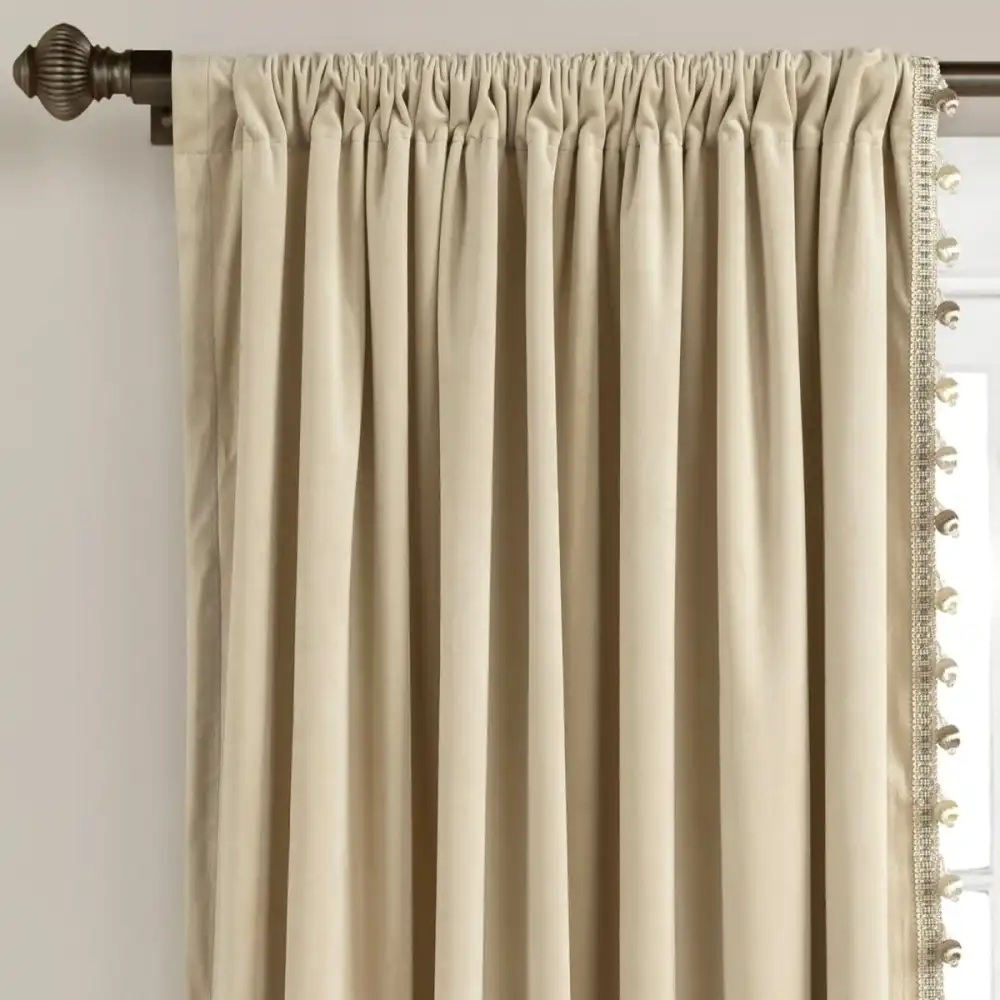 Mid Century Geometric Velvet Light Filtering Rod Pocket Pompom Trim Curtain Panel