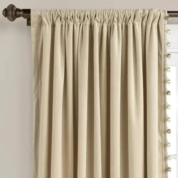 Mid Century Geometric Velvet Light Filtering Rod Pocket Pompom Trim Curtain Panel