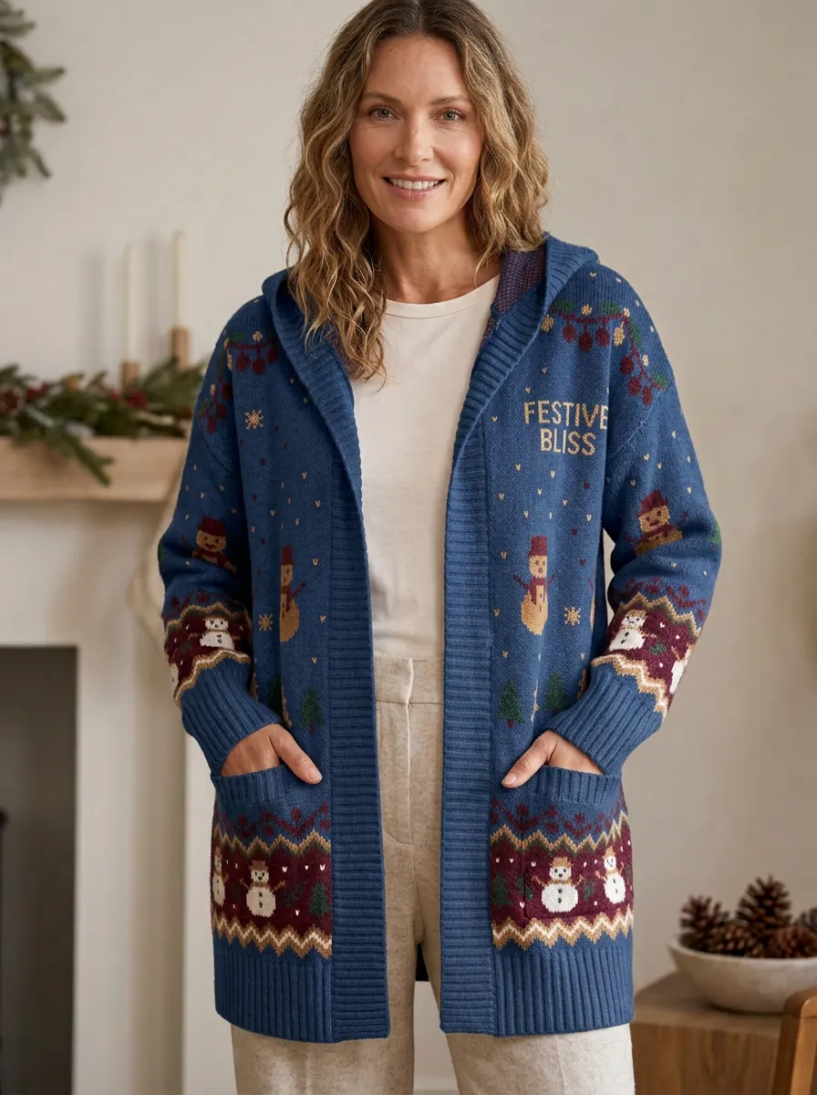Christmas Festive Bliss Snowman Pattern Print Hooded Cardigan