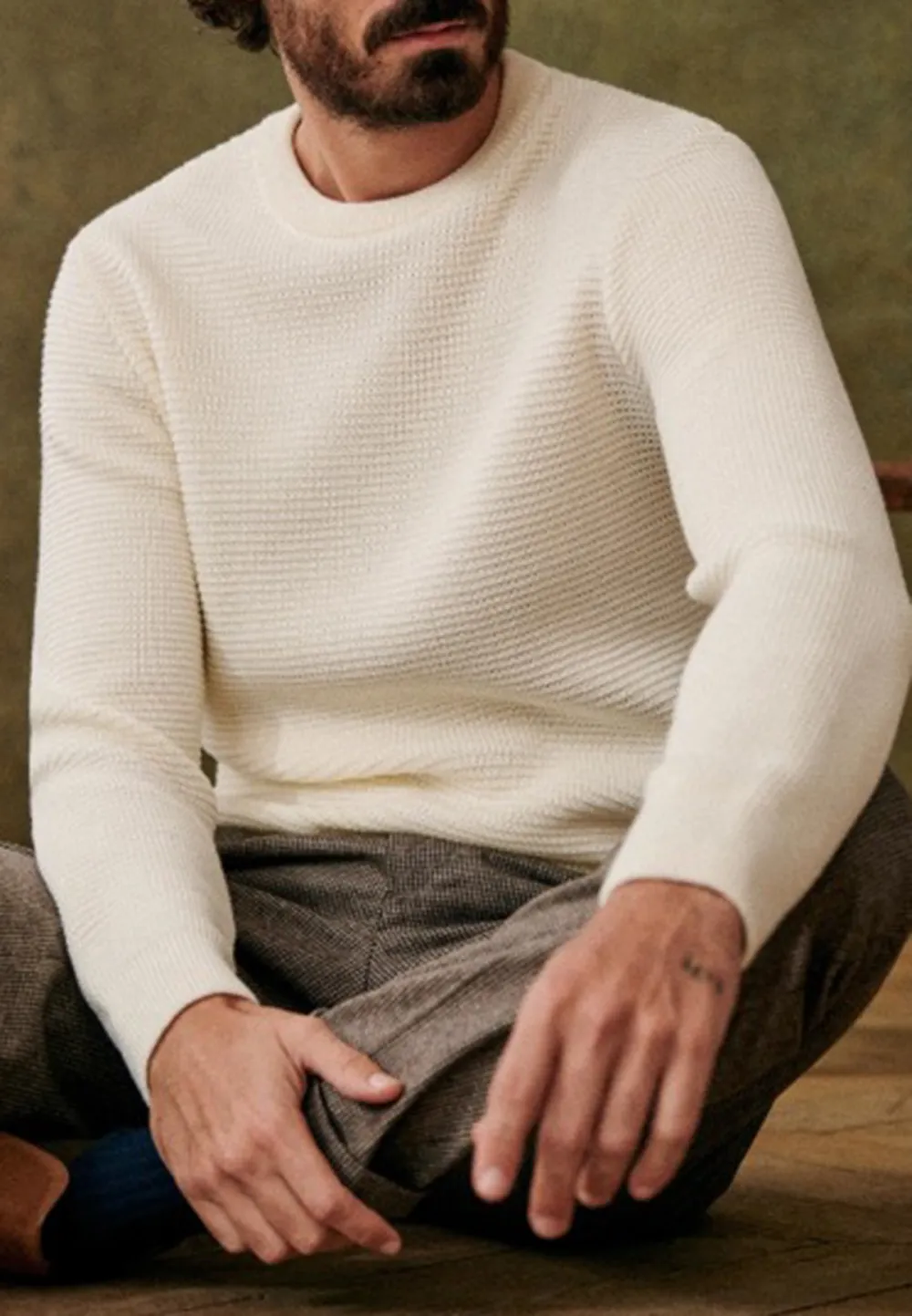 Ecru Waffle Knit Textured Crew Neck Sweater