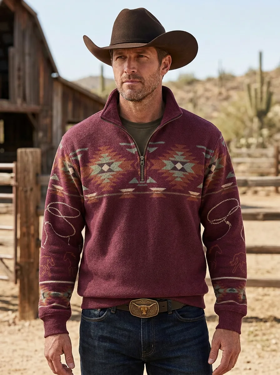 Men's Western Cowboy Horse Lasso Southwestern Half-Zip Sweatshirt