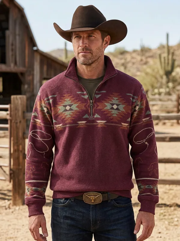 Men's Western Cowboy Horse Lasso Southwestern Half-Zip Sweatshirt