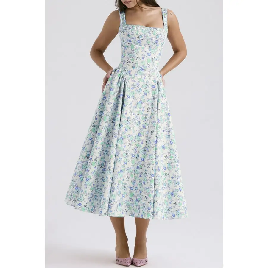 Wide Square Neck Wide Strap Midi Dress