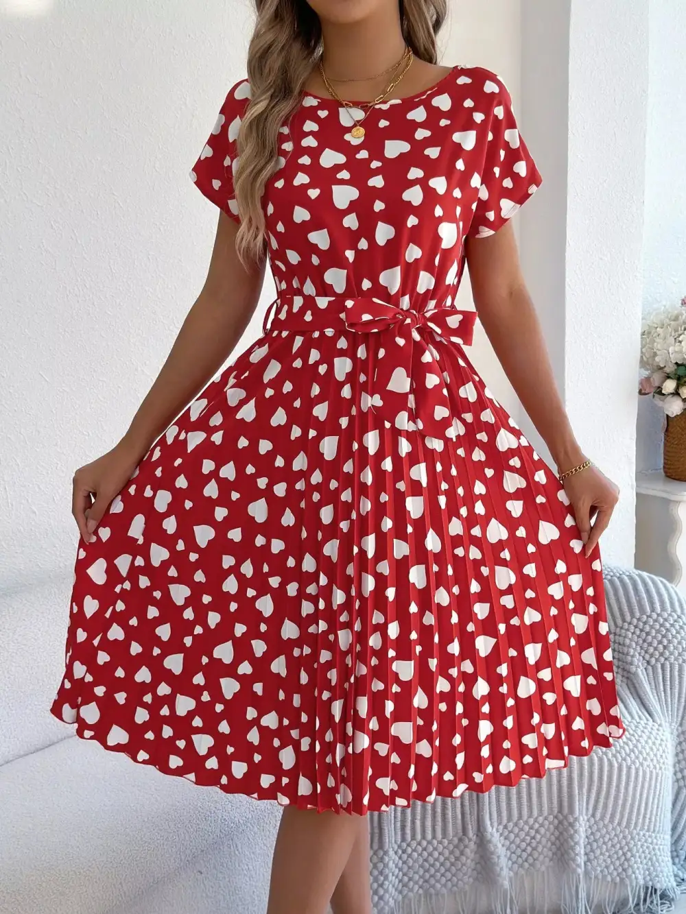 Heart Belted Pleated Midi Dress