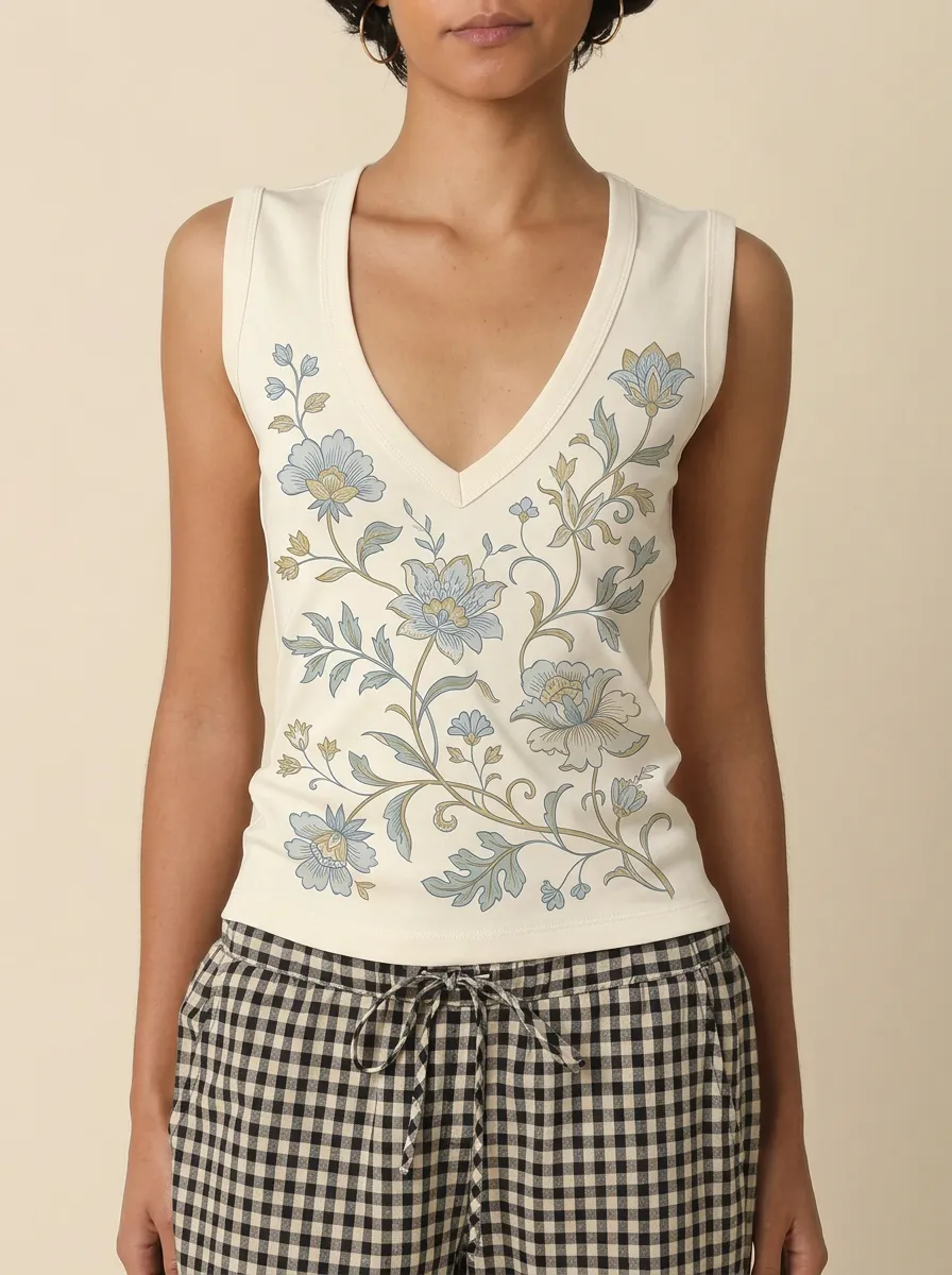 Women's Floral Botanical Vintage Style Printed V-Neck Tank Top