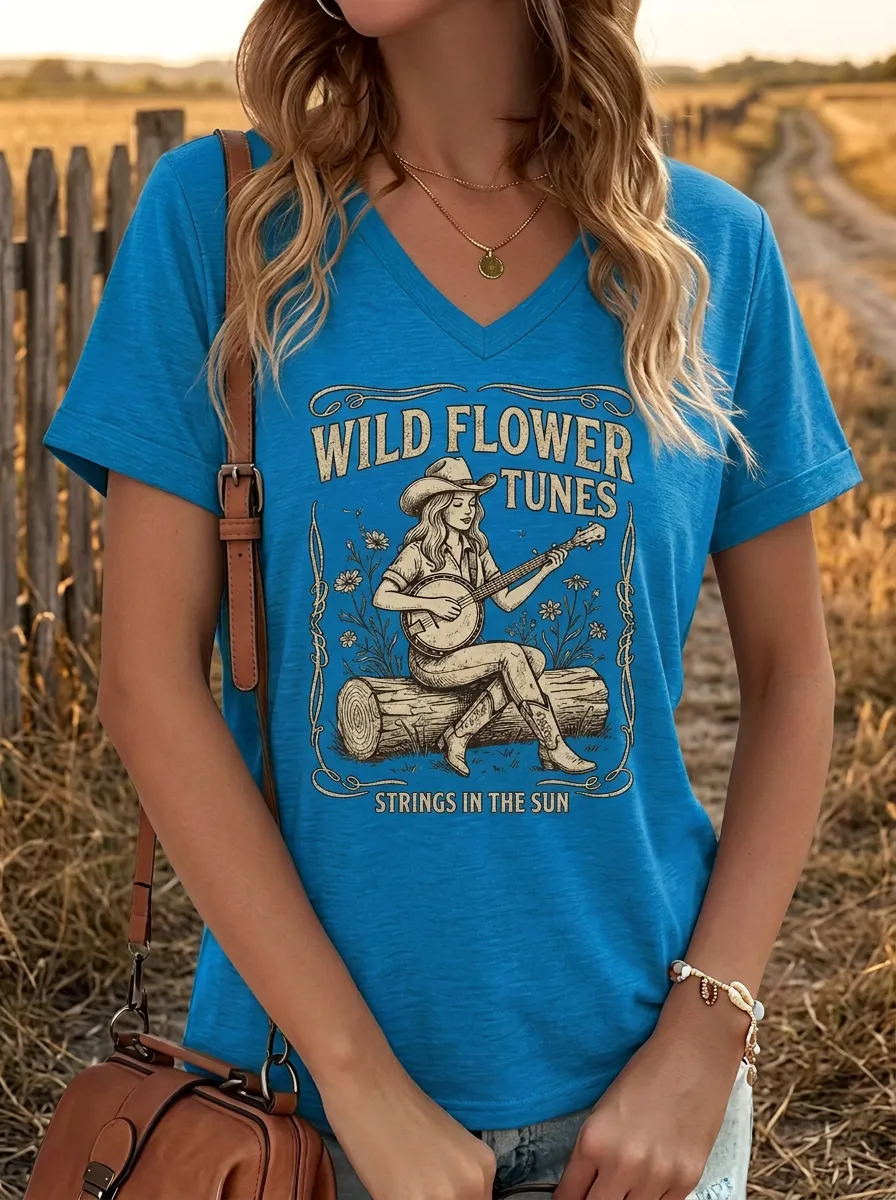Country Music Banjo Player Wild Flower V-Neck T-Shirt