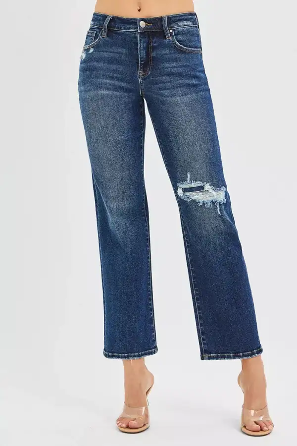 High Rise Crop Slim Straight Jenas With Hidden Knee Patch