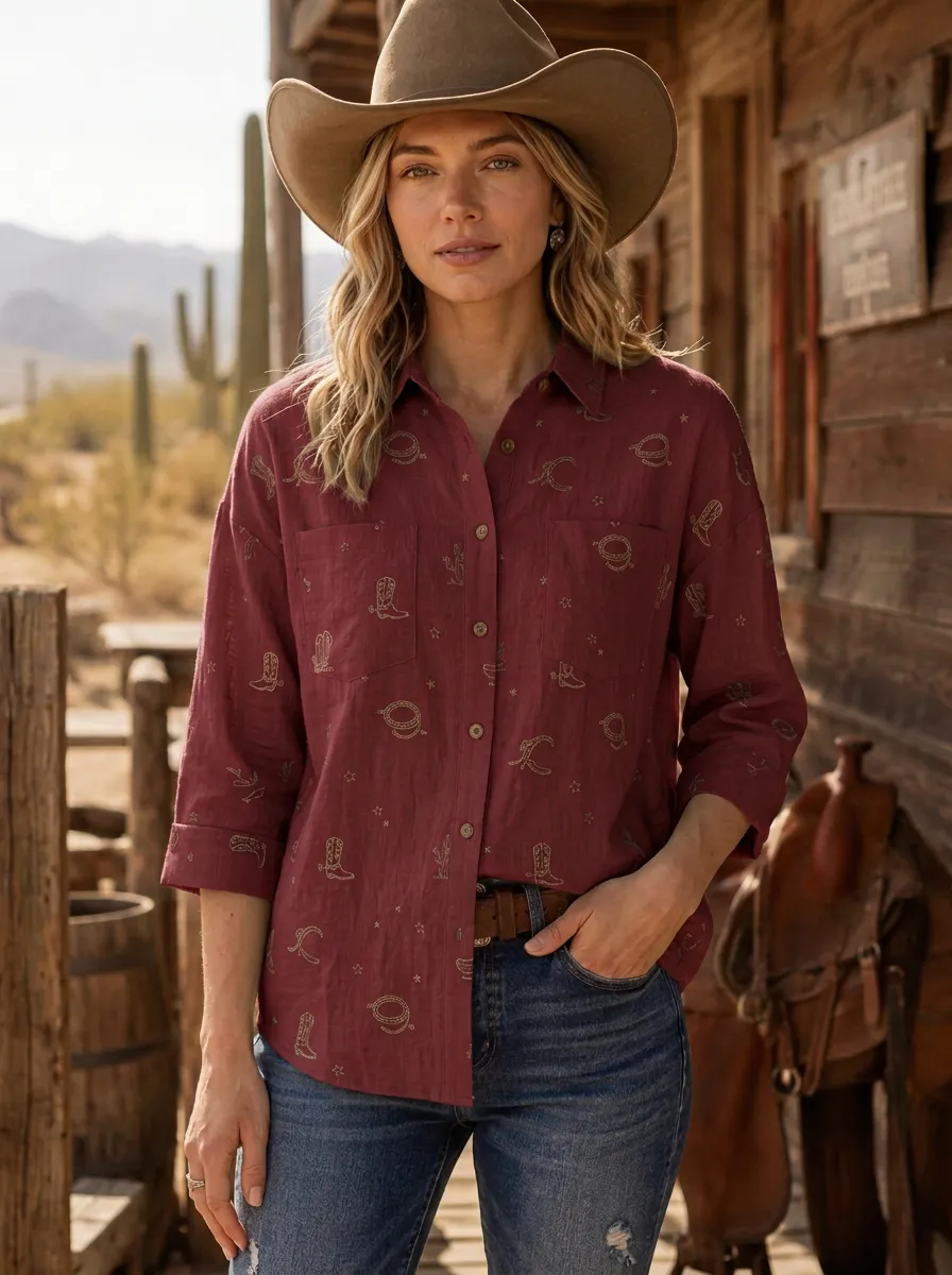 Women's Western Cowboy Boot Lasso Printed Cotton Linen Shirt