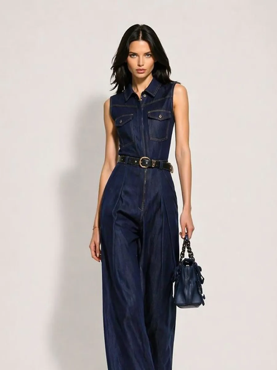 Juliette Sleeveless Collared Straight-Leg Denim Jumpsuit