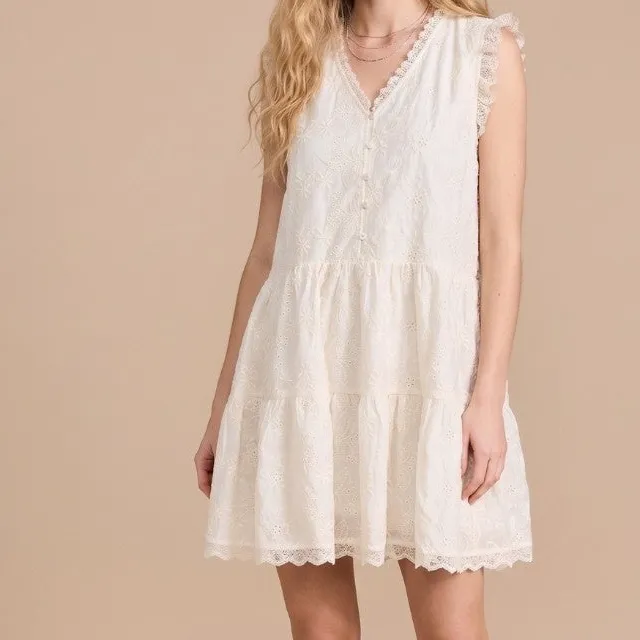 Floral Embroidered Lace Detail Tiered Dress