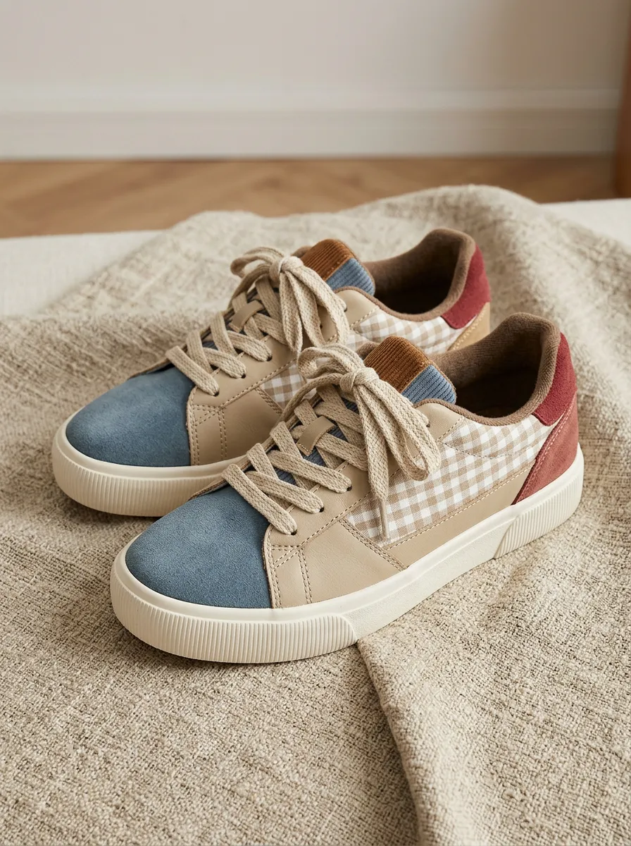 Women's Colorblock Gingham Pattern Printed Sneakers