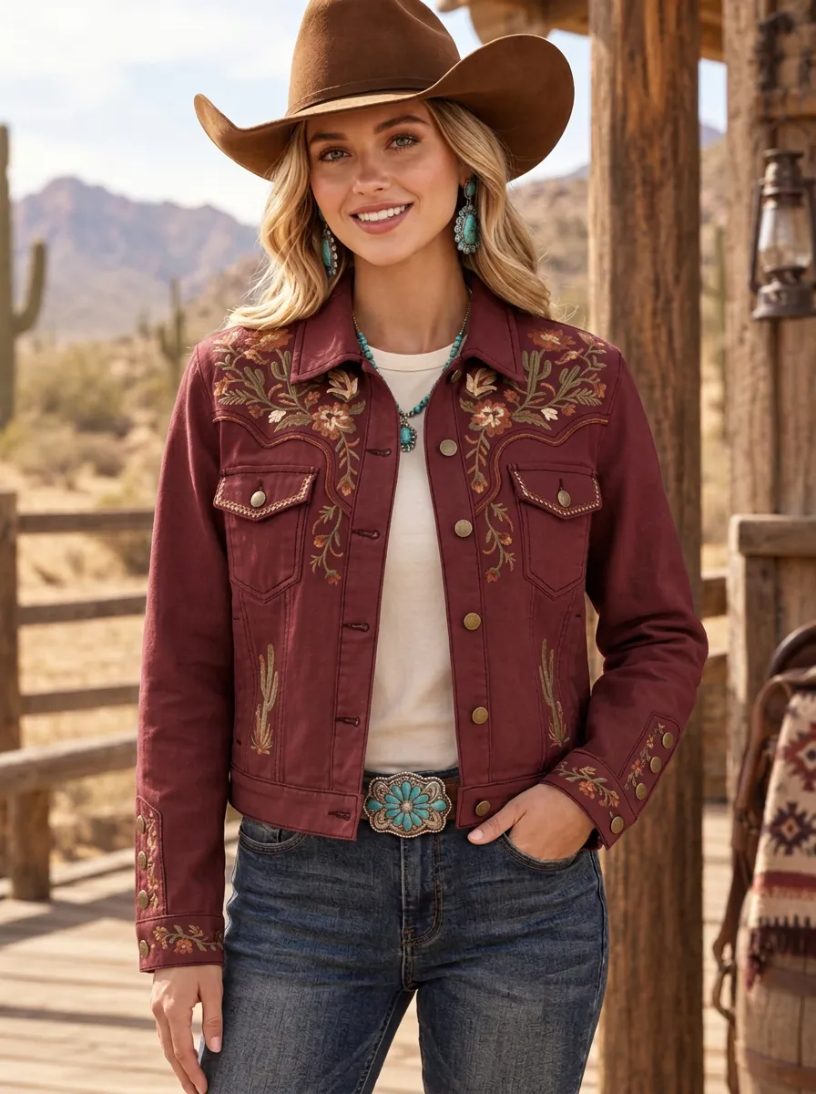 Women's Western Cowgirl Cactus Floral Embroidery Floral Embroidered Denim Jacket