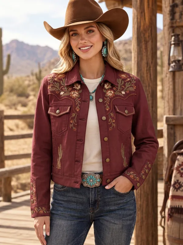 Women's Western Cowgirl Cactus Floral Embroidery Floral Embroidered Denim Jacket