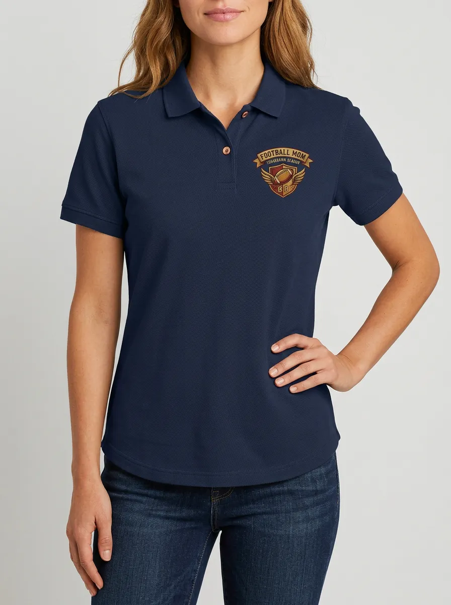 Women's Football Mom Winged Shield Emblem Printed Polo Shirt