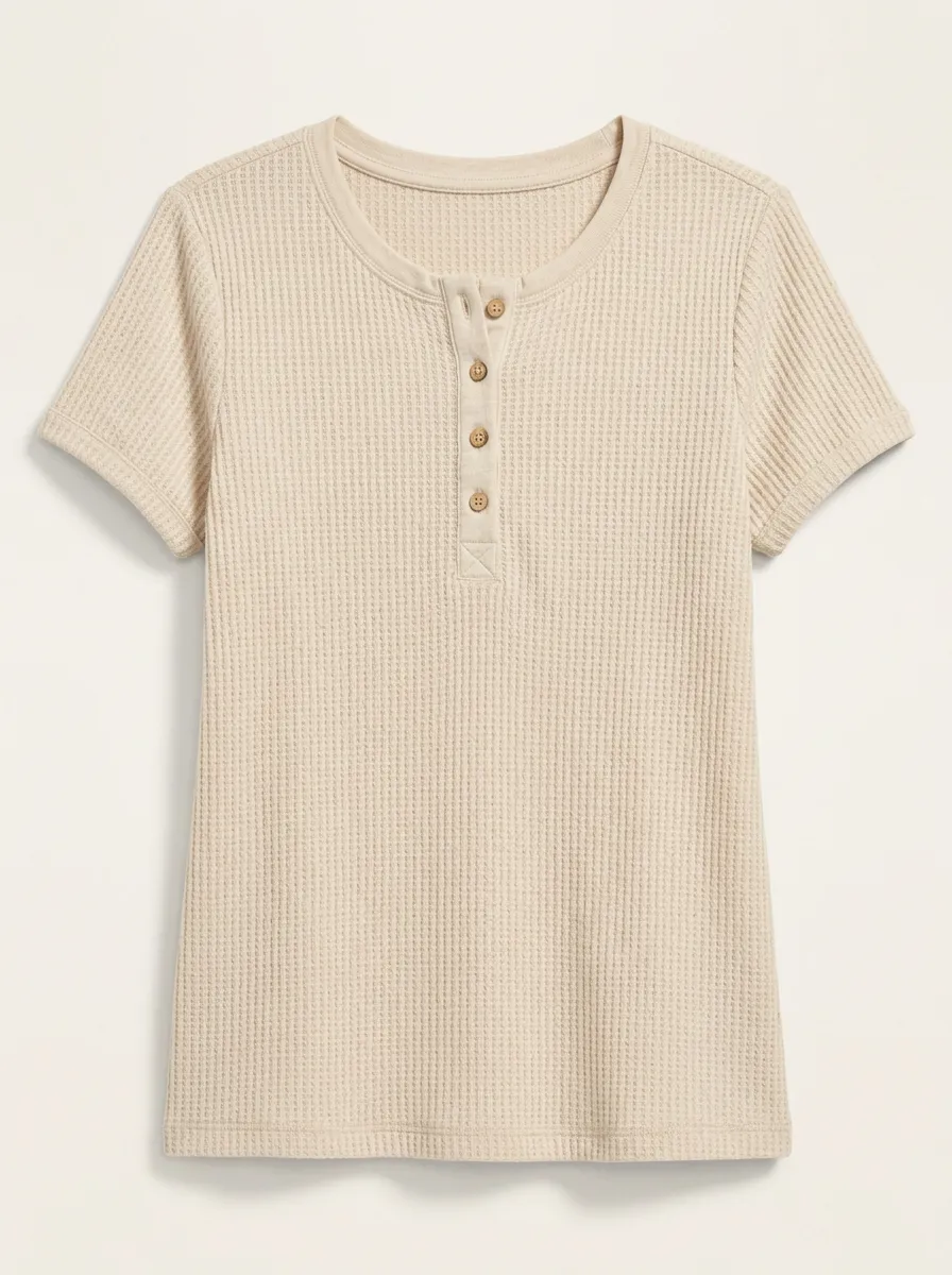 Women's Beige Waffle Knit Button-Front Henley Top