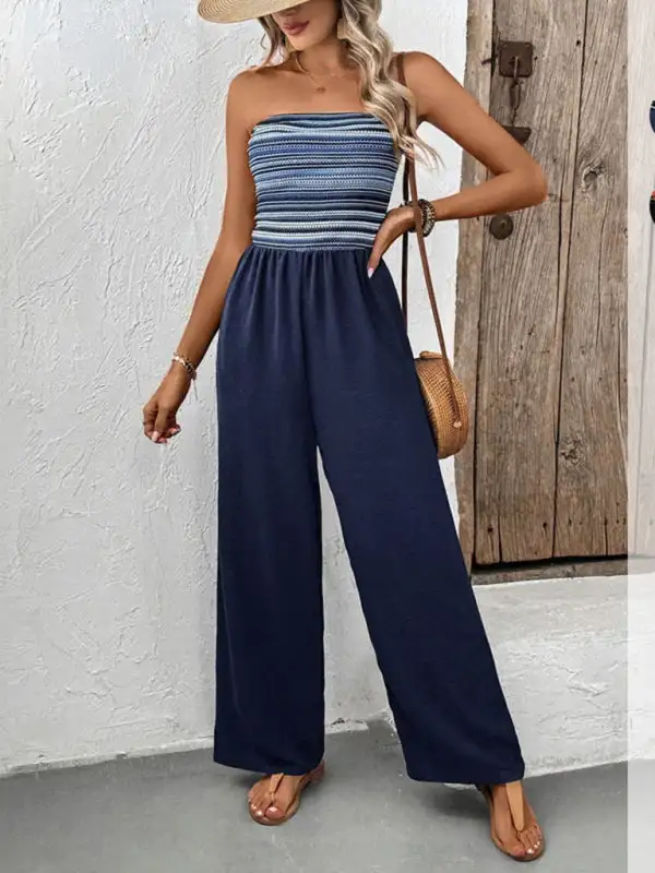 Casual Simple Elastic Stitching Striped Jumpsuit