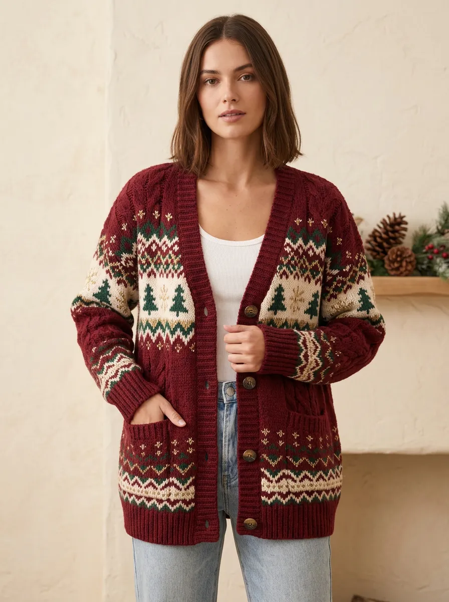 Women's Christmas Holiday Fair Isle Tree Pattern Knitted Cardigan