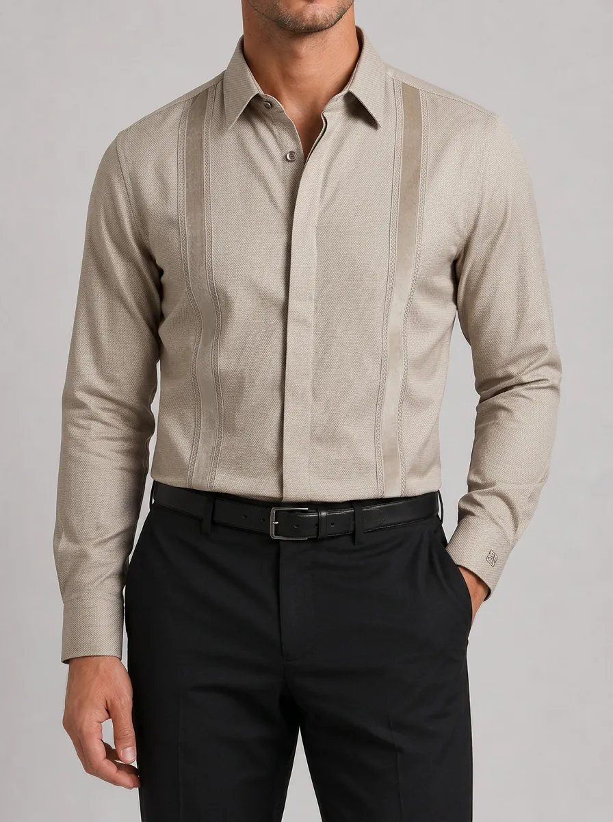 Men's Casual Business Beige Vertical Panel Long Sleeve Shirt