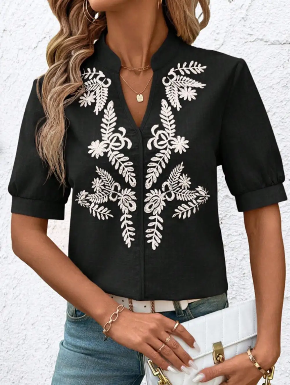 V Neck Embroidered Cotton Short Sleeve Blouse