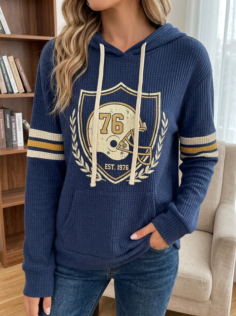 Women's American Football 76 Helmet Printed Waffle Knit Hoodie