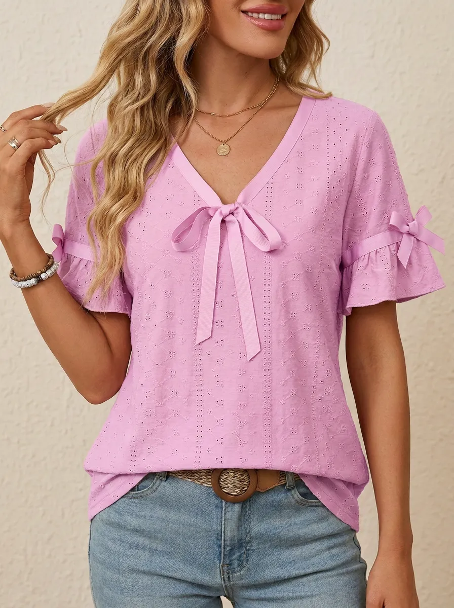 Women's V-neck Tie-neck Flutter Sleeve Blouse