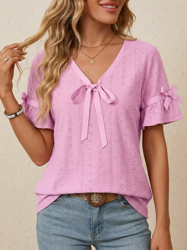 Women's V-neck Tie-neck Flutter Sleeve Blouse