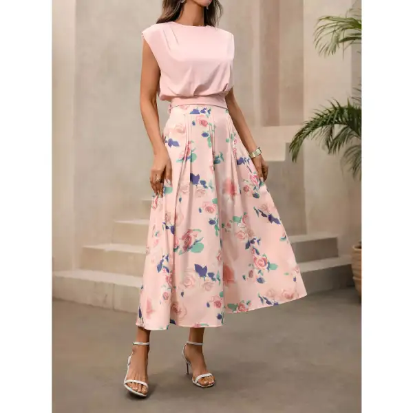 Contemporary Round Neck Top And Floral Print Skirt Two-Piece