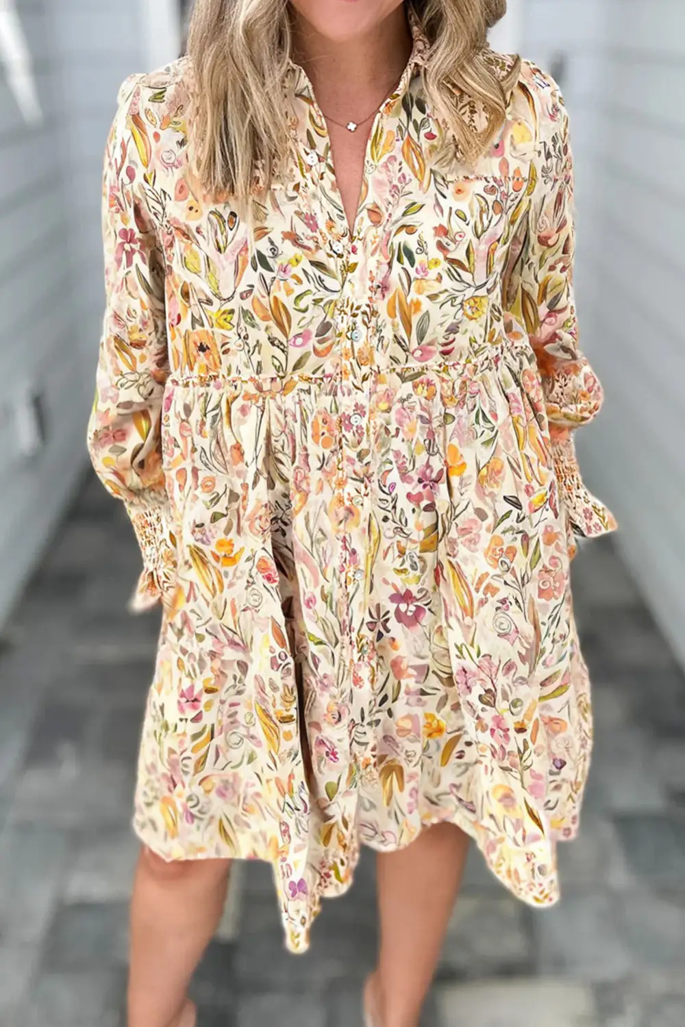 Floral Print Frilly Trim Smocked Cuff Long Sleeve Loose Shirt Dress
