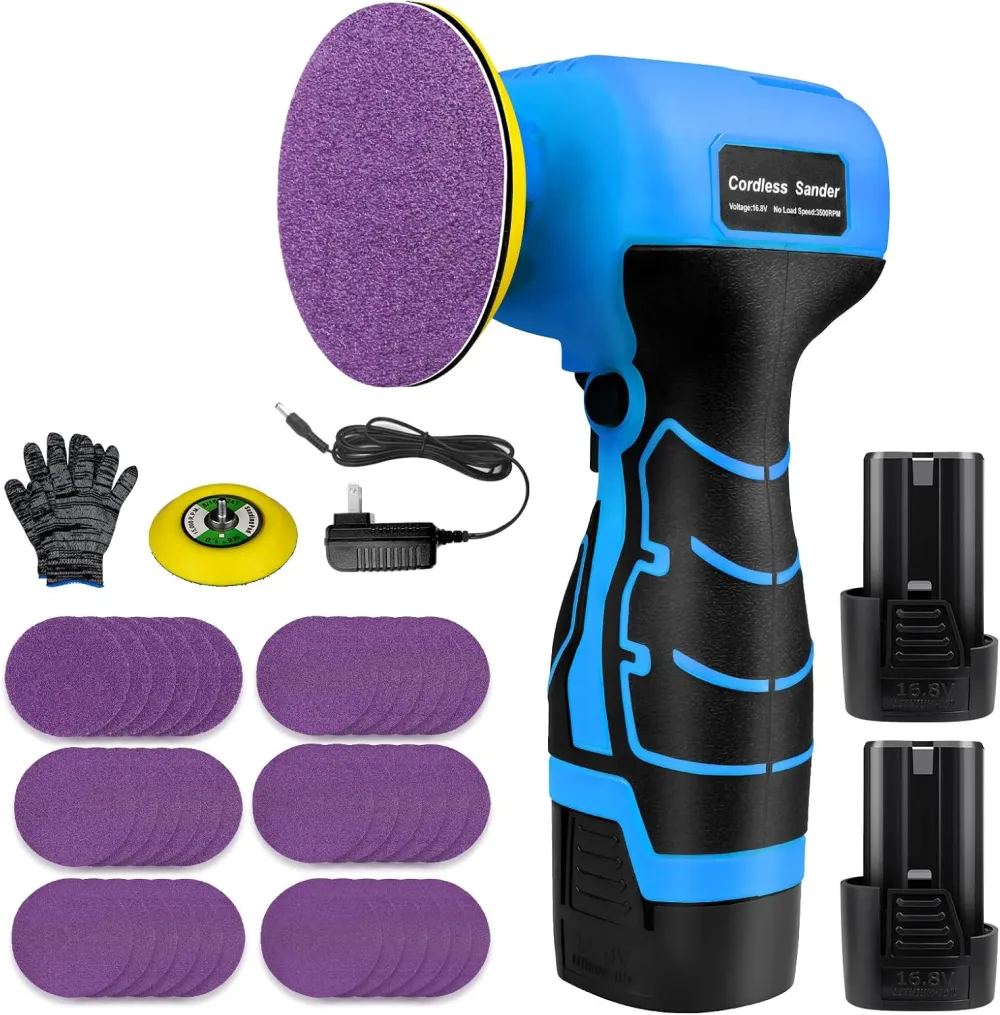 Cordless Electric Sander with 36PCS Sandpapers, 3500 RPM, 2Pcs 2000mAh Batteries, Lightweight & Compact Design for Wood, Metal, Paint Removal, and DIY Projects