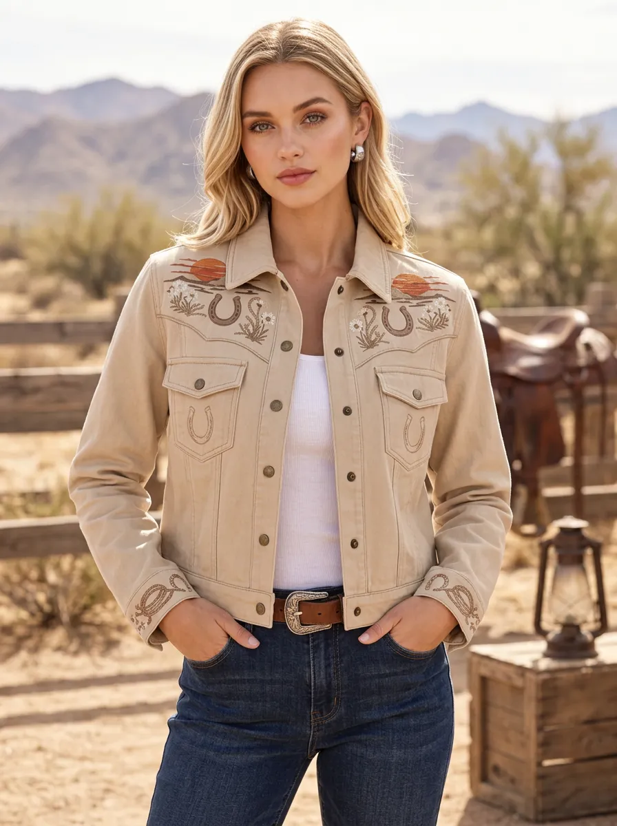 Women's Western Cowboy Horseshoe Horse Sunset Sun Denim Jacket