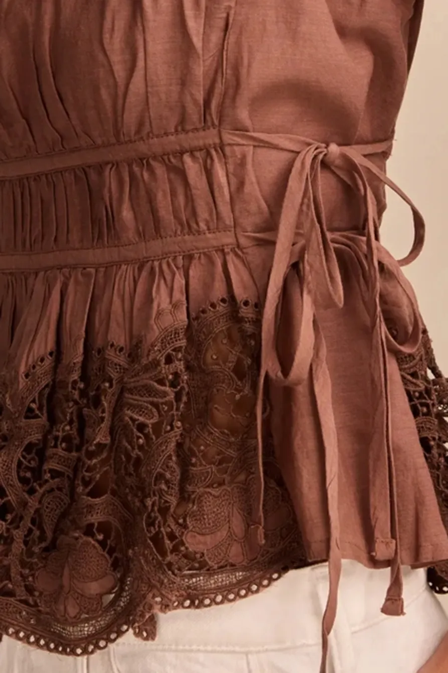 Deep V Neck Lace Ruched Tank Top