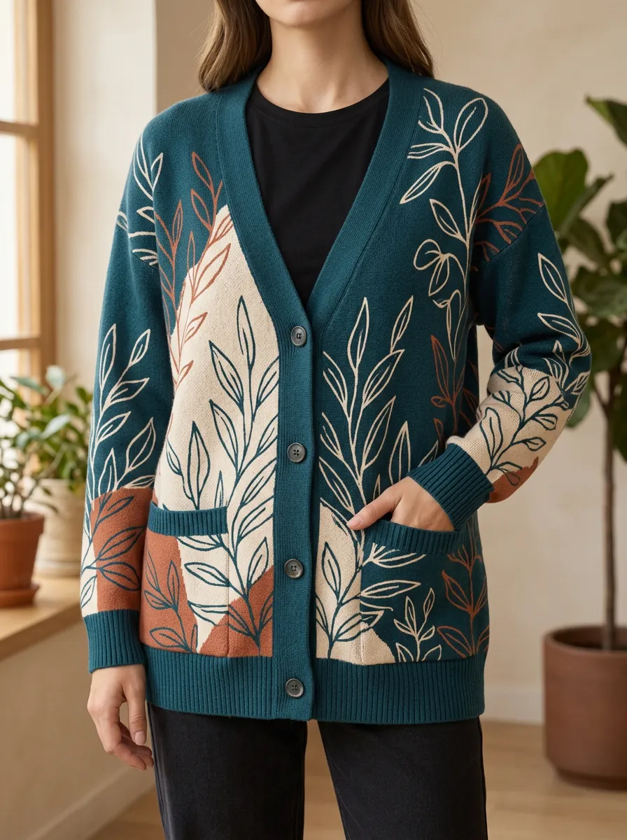 Women's Botanical Nature Lover Leaf Printed Ribbed Trim Everyday Layering Cardigan
