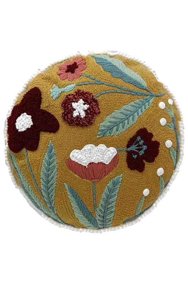 Artisan Floral Cotton Round Decorative Cushion Cover