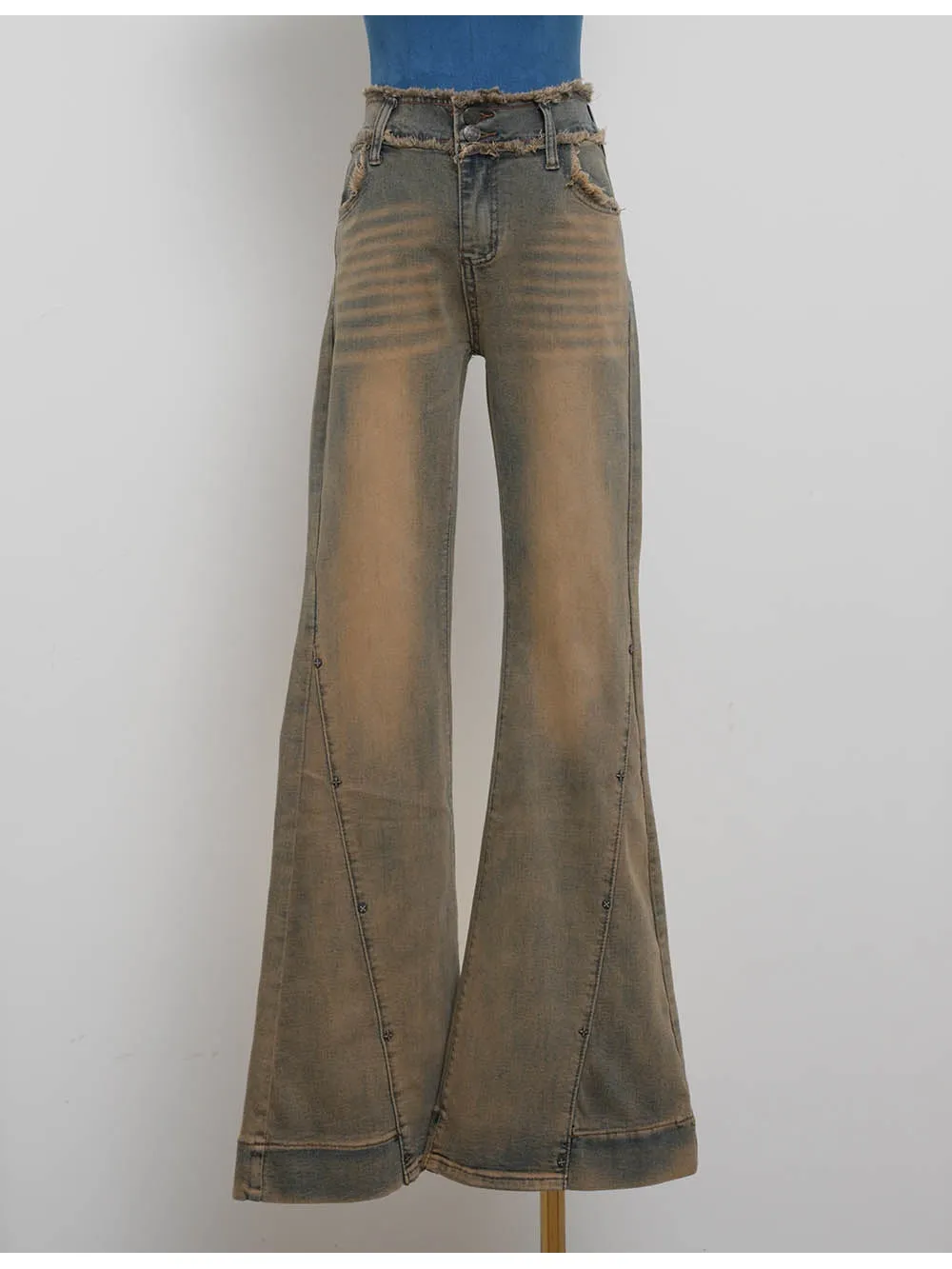Vintage Raw Edge Waist Flared Leg Denim Pants